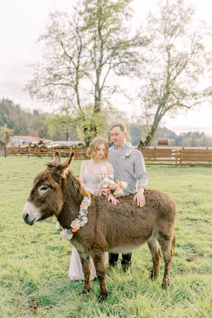 bride and groom pose with spring florals and a donkey in pasture at whitewater ranch near eugene oregon