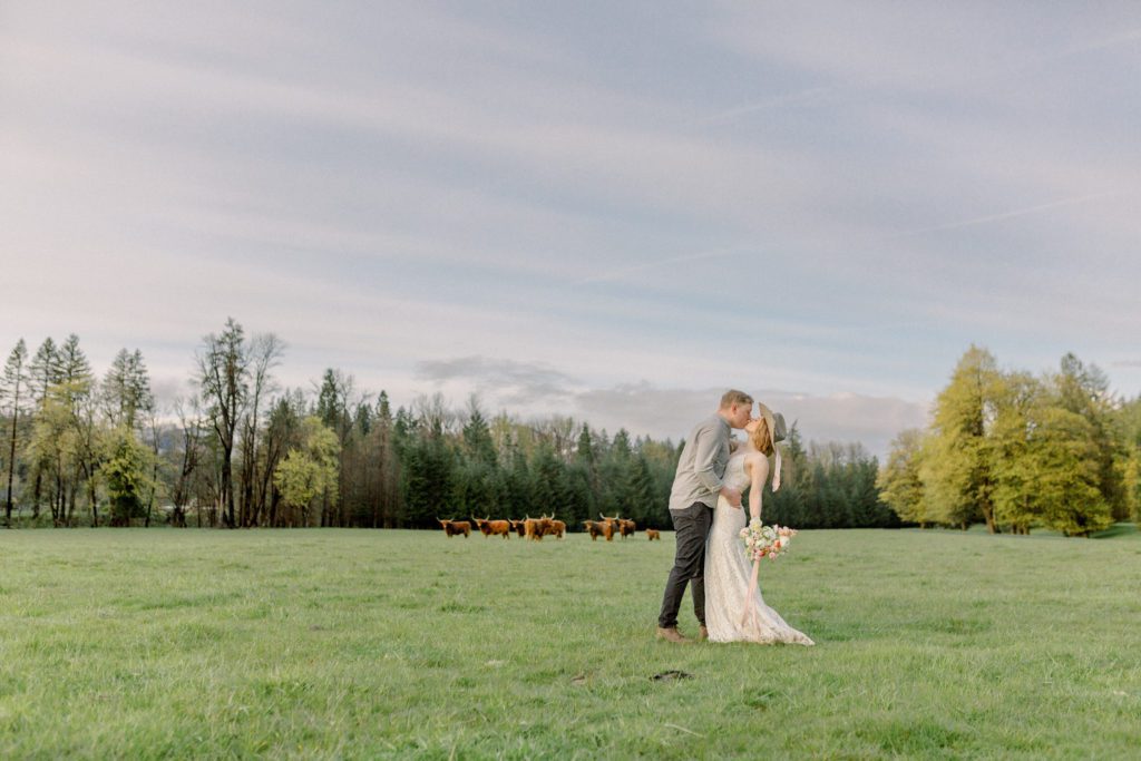 Groom romantically holds brides waist in the middle of the field and kisses her with cows in the background. 